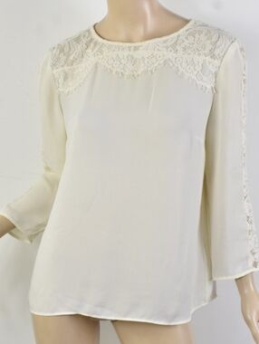 TALBOTS Ivory Bridal Lace Blouse Semi-Sheer Georgette Top, Size L